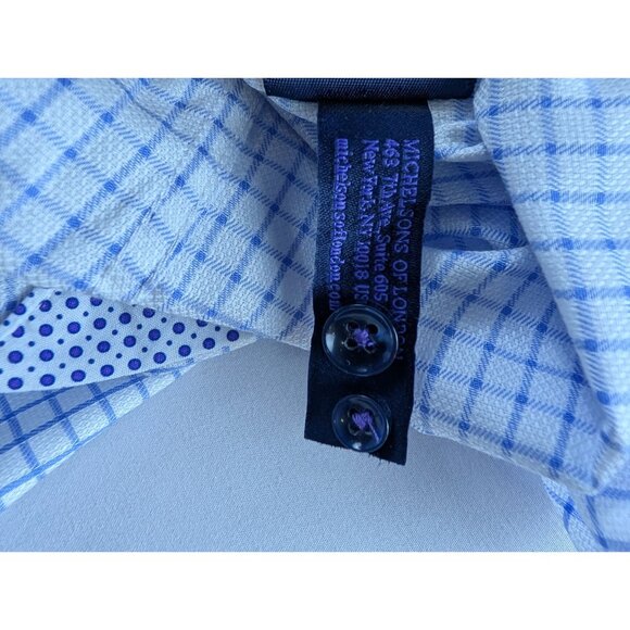 Michelsons of London Men's Medium Regular-Fit Blue Check Dress Shirt Long Sleeve - Picture 13 of 15